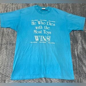 Vtg 80s Hef-T Blue T Shirt He Who Dies With The Most Toys Wins Sz L Telluride CO